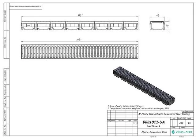 Alt view image 5 of 5 - Vodaland - 4 Inch Easy 2 Premium Trench Drain Channel - Galvanized Stamped Steel Grating (3)