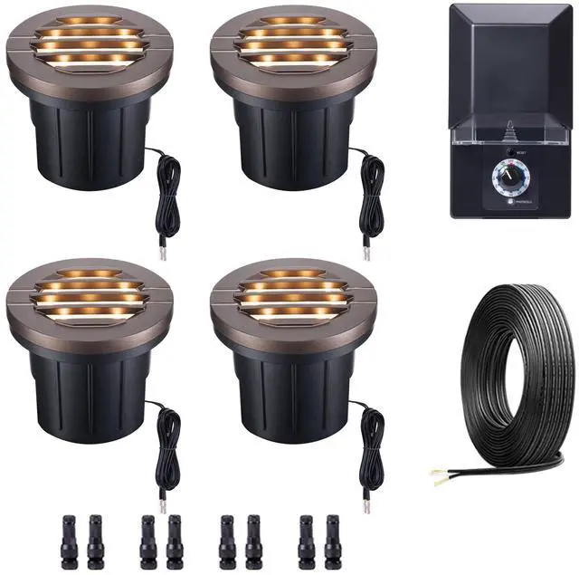 Main image of Landscape Well Lights Kit, 4 Pack LED Low Voltage Ground Lights and 100W Transformer and 100FT Cable and 20 Wire Connectors, 12V IP67 Waterproof Aluminum for Sidewalk Driveway Path