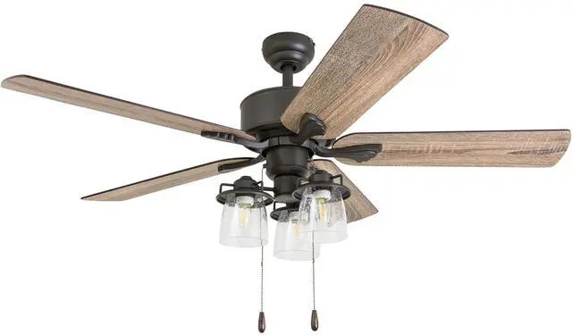 Main image of River Run 52" Farmhouse LED Ceiling Fan with Light and Pull Chain, Bronze - Large Indoor Electric Fan with 3 Mounting Options, 5 Dual Finish Blades, and Reversible Motor