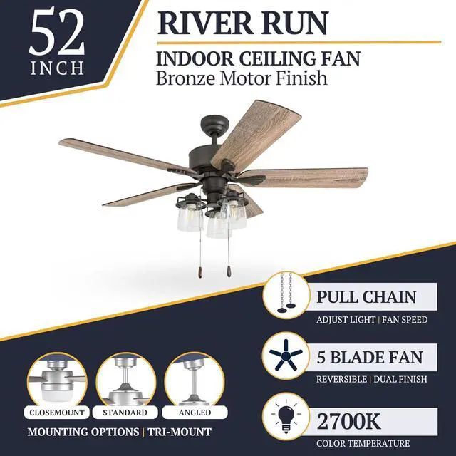Alt view image 3 of 6 - River Run 52" Farmhouse LED Ceiling Fan with Light and Pull Chain, Bronze - Large Indoor Electric Fan with 3 Mounting Options, 5 Dual Finish Blades, and Reversible Motor