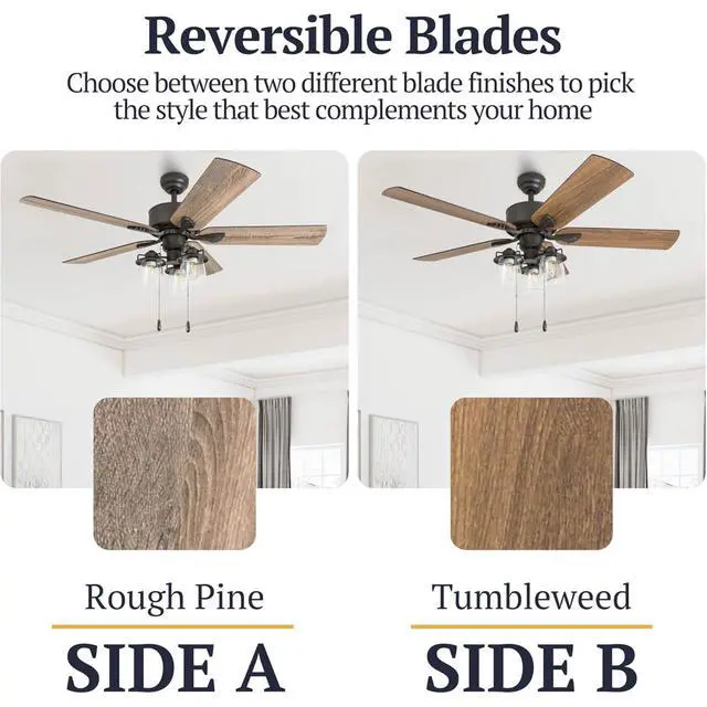 Alt view image 4 of 6 - River Run 52" Farmhouse LED Ceiling Fan with Light and Pull Chain, Bronze - Large Indoor Electric Fan with 3 Mounting Options, 5 Dual Finish Blades, and Reversible Motor