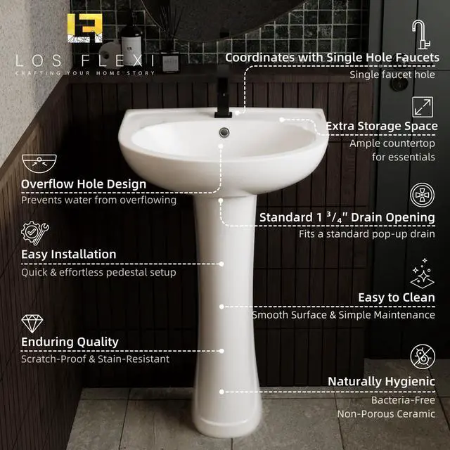 Alt view image 2 of 6 - 20"W x 17"D White Morden Pedestal Sinks for Small Bathrooms, 20 Inch Pedestal Sink Combo, Bathroom Sink with Overflow & 1 Faucet Hole, Freestanding Installation