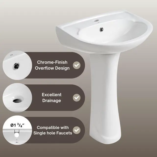 Alt view image 3 of 6 - 20"W x 17"D White Morden Pedestal Sinks for Small Bathrooms, 20 Inch Pedestal Sink Combo, Bathroom Sink with Overflow & 1 Faucet Hole, Freestanding Installation
