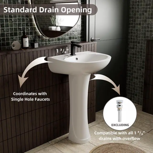 Alt view image 4 of 6 - 20"W x 17"D White Morden Pedestal Sinks for Small Bathrooms, 20 Inch Pedestal Sink Combo, Bathroom Sink with Overflow & 1 Faucet Hole, Freestanding Installation