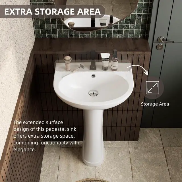 Alt view image 6 of 6 - 20"W x 17"D White Morden Pedestal Sinks for Small Bathrooms, 20 Inch Pedestal Sink Combo, Bathroom Sink with Overflow & 1 Faucet Hole, Freestanding Installation
