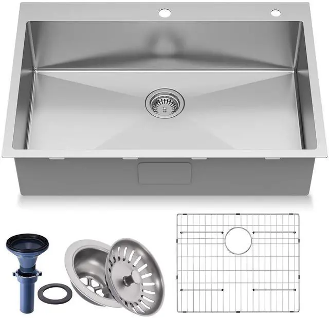Main image of 33 inch Topmount Handmade 18 Gauge Single Bowl Stainless Steel Kitchen Sink with Accessories in 33"Lx22"Wx10"D