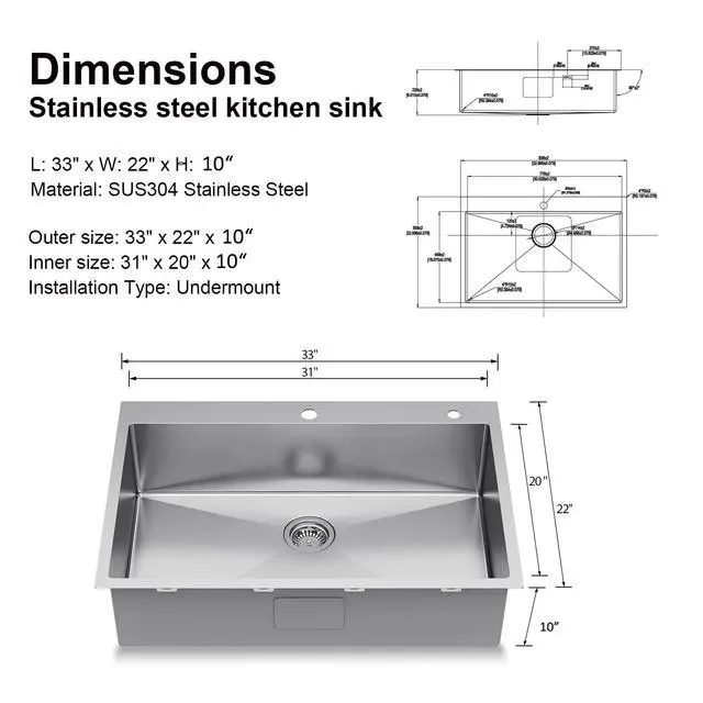 Alt view image 6 of 6 - 33 inch Topmount Handmade 18 Gauge Single Bowl Stainless Steel Kitchen Sink with Accessories in 33"Lx22"Wx10"D
