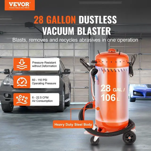 Alt view image 2 of 6 - 28 Gallon Vacuum Sand Blaster, Dustless Sandblaster with Built-in 1200W Vacuum System for Dust Control and Abrasive Recycle, 60-110 PSI Heavy Duty Dustless Blasting Machine