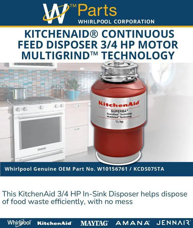 Alt view image 2 of 4 - ® W10156761 Continuous Feed Disposer 3/4 HP Motor MultiGrind Technology Replaces KCDS075TA