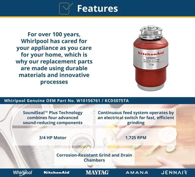 Alt view image 3 of 4 - ® W10156761 Continuous Feed Disposer 3/4 HP Motor MultiGrind Technology Replaces KCDS075TA