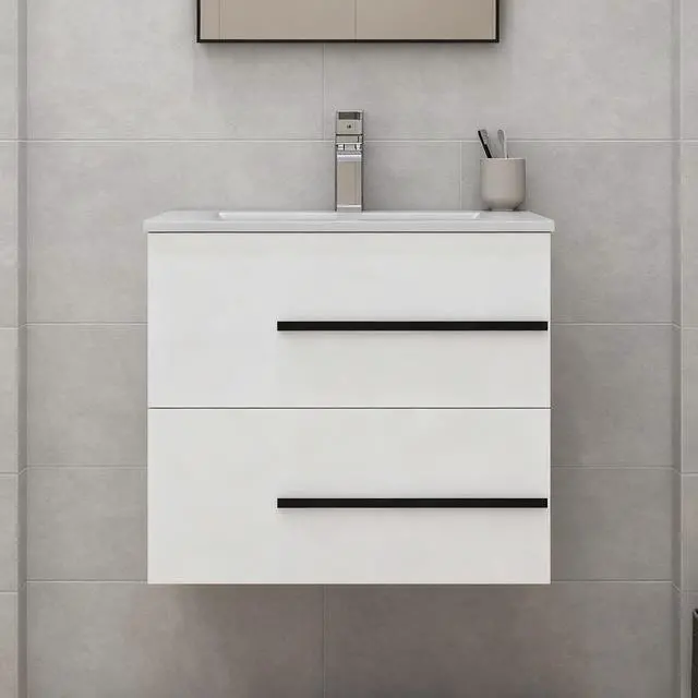 Main image of 24 inch Floating Bathroom Vanity with Sink, Space Saving Fluted Design for Small Bathrooms, Drawers & Black Handles White