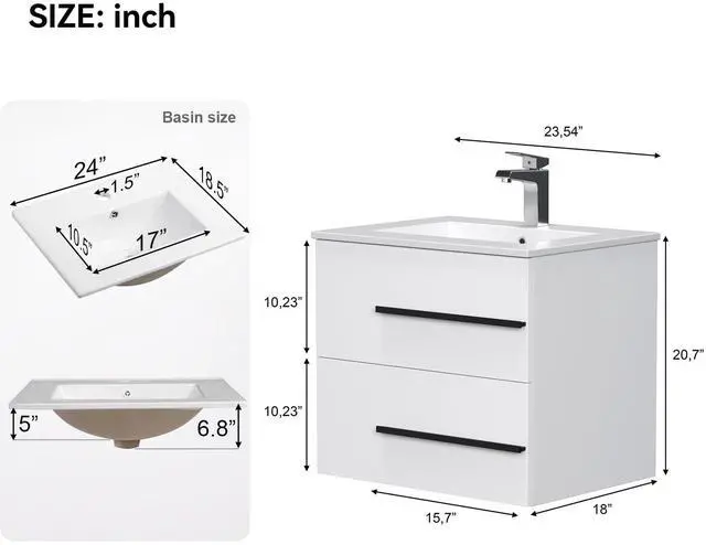 Alt view image 2 of 6 - 24 inch Floating Bathroom Vanity with Sink, Space Saving Fluted Design for Small Bathrooms, Drawers & Black Handles White