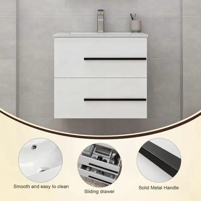 Alt view image 3 of 6 - 24 inch Floating Bathroom Vanity with Sink, Space Saving Fluted Design for Small Bathrooms, Drawers & Black Handles White