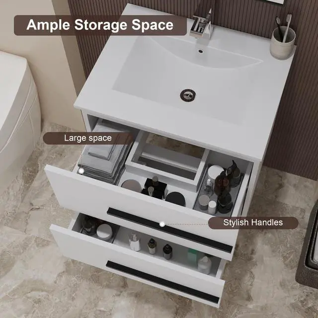 Alt view image 4 of 6 - 24 inch Floating Bathroom Vanity with Sink, Space Saving Fluted Design for Small Bathrooms, Drawers & Black Handles White