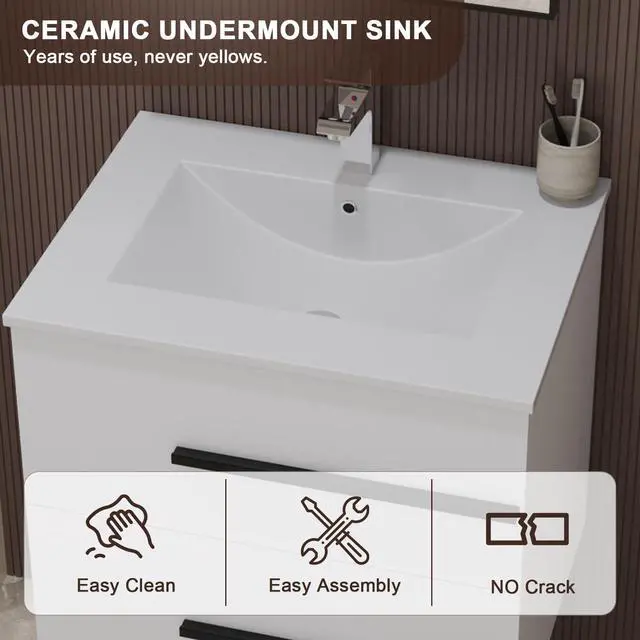 Alt view image 5 of 6 - 24 inch Floating Bathroom Vanity with Sink, Space Saving Fluted Design for Small Bathrooms, Drawers & Black Handles White