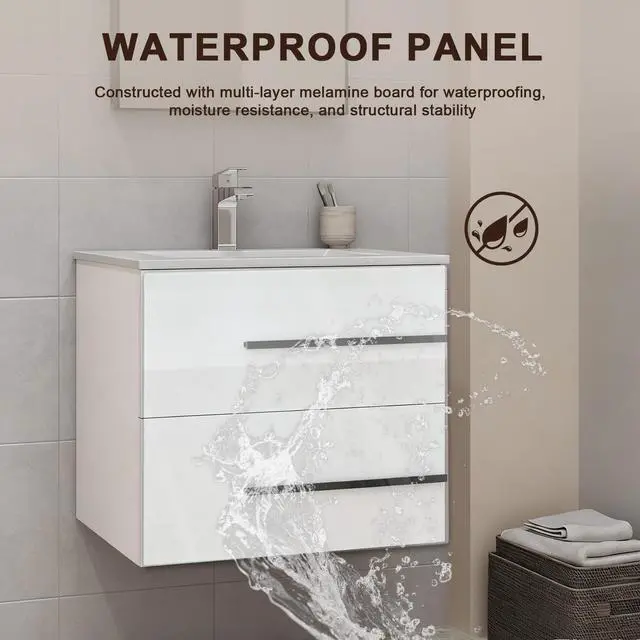 Alt view image 6 of 6 - 24 inch Floating Bathroom Vanity with Sink, Space Saving Fluted Design for Small Bathrooms, Drawers & Black Handles White