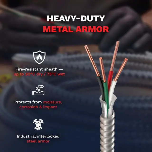 Alt view image 4 of 6 - MC Cable 10/3 - Metal Clad 100ft - Aluminium Armor Stranded Copper Conductor - Cable for Indoor 100 Ft
