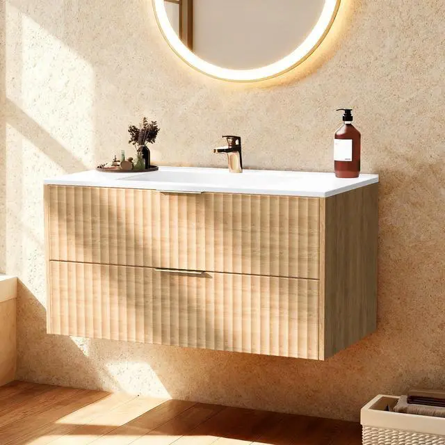 Main image of 30 Inch Bathroom Vanity with Sink, Modern Floating Bathroom Vanity with Resin Sink, 2 Large Storage Darwers, Wood Grain Texture Wall Mounted Vanity, Gold Handles