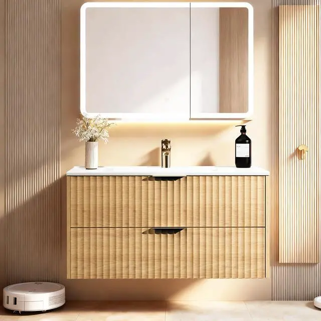 Alt view image 2 of 6 - 30 Inch Bathroom Vanity with Sink, Modern Floating Bathroom Vanity with Resin Sink, 2 Large Storage Darwers, Wood Grain Texture Wall Mounted Vanity, Gold Handles