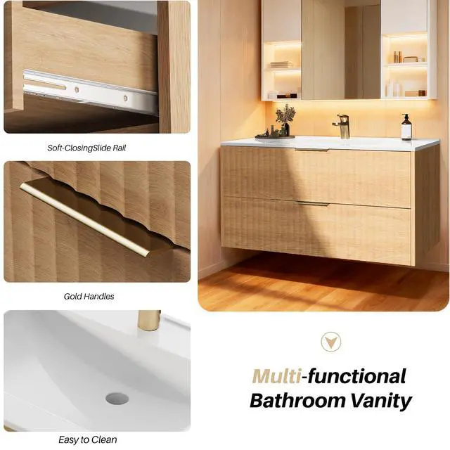Alt view image 4 of 6 - 30 Inch Bathroom Vanity with Sink, Modern Floating Bathroom Vanity with Resin Sink, 2 Large Storage Darwers, Wood Grain Texture Wall Mounted Vanity, Gold Handles