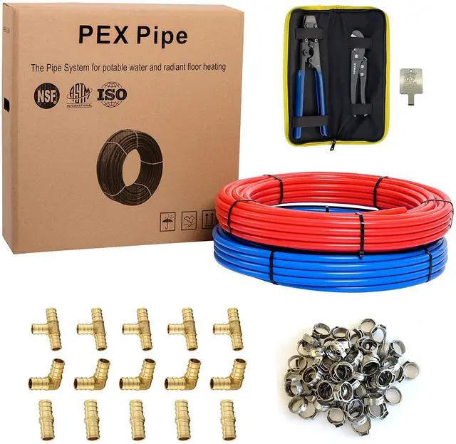 Main image of 1/2 inch 200 ft Pex-b Pipe/Tubing 2 x100 ft Blue & Red, Pex Fittings (15), Crimp Tool, Clamps, and Cutter Combo Kit,(E99KIT)