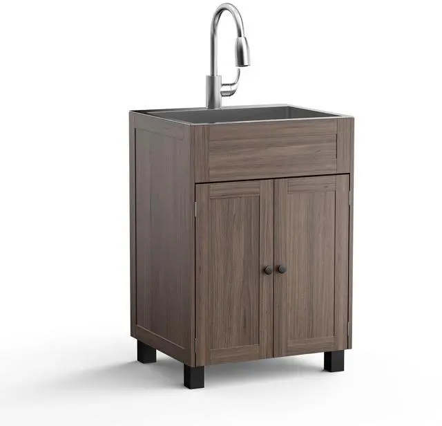 Main image of 24-Inch Laundry Sink with Cabinet and Pull-Out Sprayer Faucet, Stainless Steel Utility Sink with Cabinet and Drawer Combo, Cabinet with Sink for Laundry & Utility Room, Kitchen, Bathroom, Brown