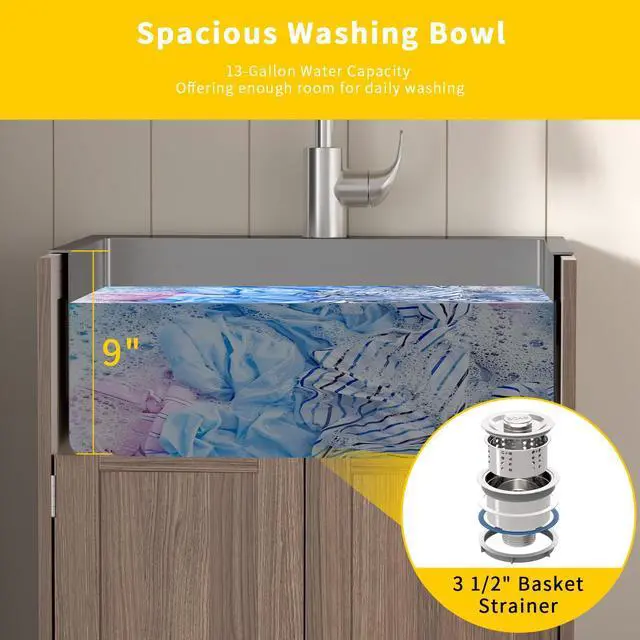 Alt view image 5 of 6 - 24-Inch Laundry Sink with Cabinet and Pull-Out Sprayer Faucet, Stainless Steel Utility Sink with Cabinet and Drawer Combo, Cabinet with Sink for Laundry & Utility Room, Kitchen, Bathroom, Brown