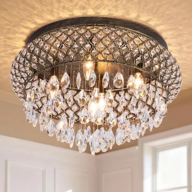 Main image of 19.5'' Crystal Bronze Chandelier, 5-Light Large Vintage Farmhouse Ceiling Light Fixture, Drum Raindrop Metal Shade, French Empire, for Living Room Bedroom Dining Room Kitchen Entryway