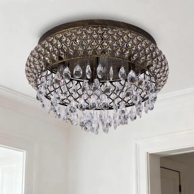 Alt view image 2 of 6 - 19.5'' Crystal Bronze Chandelier, 5-Light Large Vintage Farmhouse Ceiling Light Fixture, Drum Raindrop Metal Shade, French Empire, for Living Room Bedroom Dining Room Kitchen Entryway