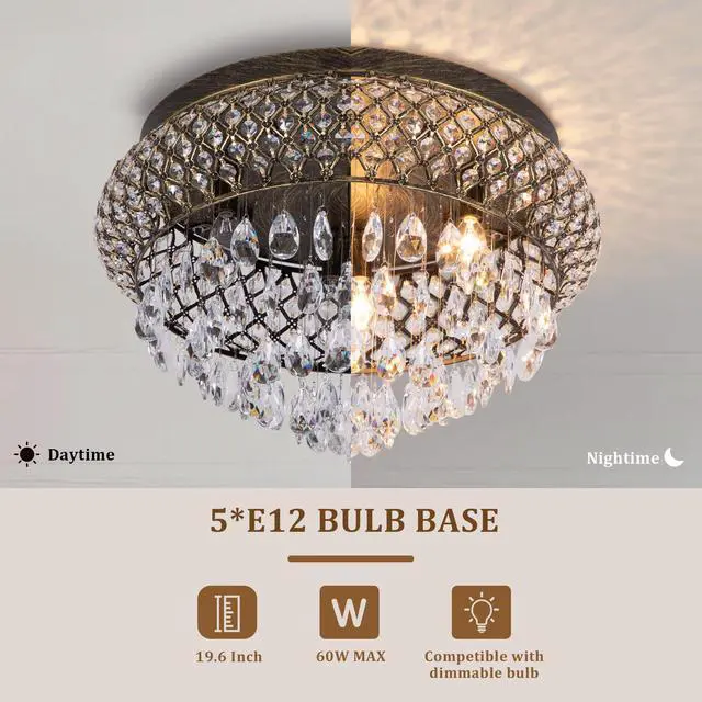 Alt view image 4 of 6 - 19.5'' Crystal Bronze Chandelier, 5-Light Large Vintage Farmhouse Ceiling Light Fixture, Drum Raindrop Metal Shade, French Empire, for Living Room Bedroom Dining Room Kitchen Entryway