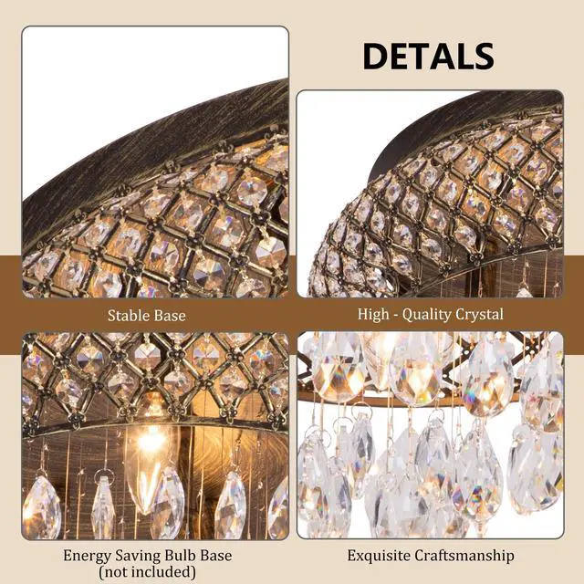 Alt view image 5 of 6 - 19.5'' Crystal Bronze Chandelier, 5-Light Large Vintage Farmhouse Ceiling Light Fixture, Drum Raindrop Metal Shade, French Empire, for Living Room Bedroom Dining Room Kitchen Entryway