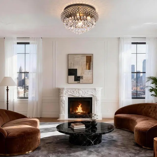 Alt view image 6 of 6 - 19.5'' Crystal Bronze Chandelier, 5-Light Large Vintage Farmhouse Ceiling Light Fixture, Drum Raindrop Metal Shade, French Empire, for Living Room Bedroom Dining Room Kitchen Entryway