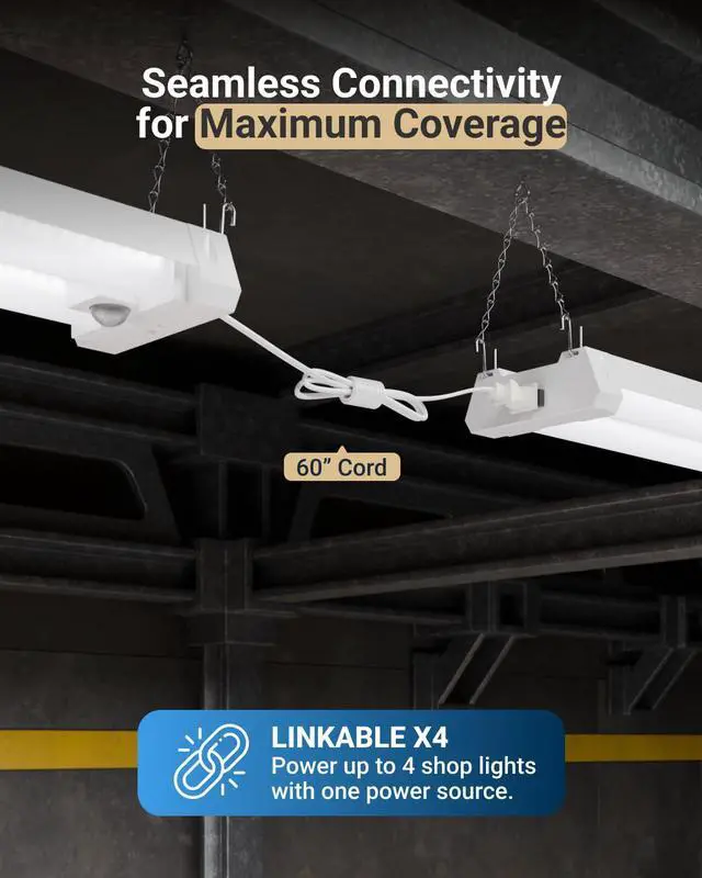 Alt view image 4 of 6 - Sunco Motion Sensor 4ft LED Shop Light, Garage Lights Ceiling LED Plug-in Fixtures, 40W, 5000K Daylight, 4300 Lumens, Frosted, Motion Activated, Linkable Suspension Mount, ETL 8 Pack