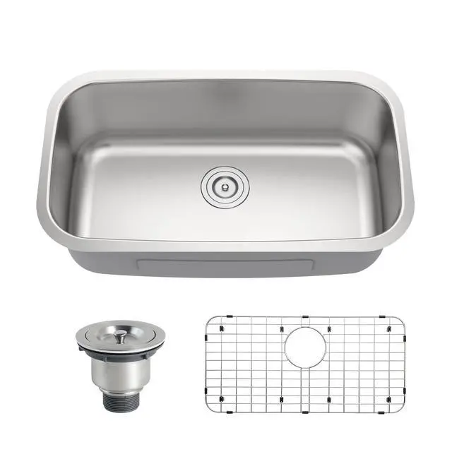 Alt view image 2 of 6 - 32 Inch Undermount Curved Spacious Single Bowl Kitchen Sink | 304 Stainless Steel, 18 Gauge Thickness, Brushed Satin Finish, Strainer & Grid Included, 32-1/4" x 18-1/2" x 9"