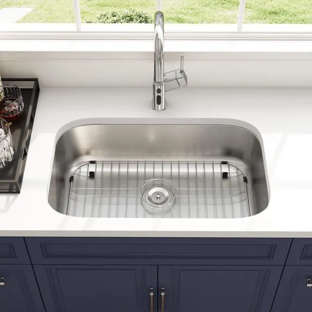 Alt view image 3 of 6 - 32 Inch Undermount Curved Spacious Single Bowl Kitchen Sink | 304 Stainless Steel, 18 Gauge Thickness, Brushed Satin Finish, Strainer & Grid Included, 32-1/4" x 18-1/2" x 9"