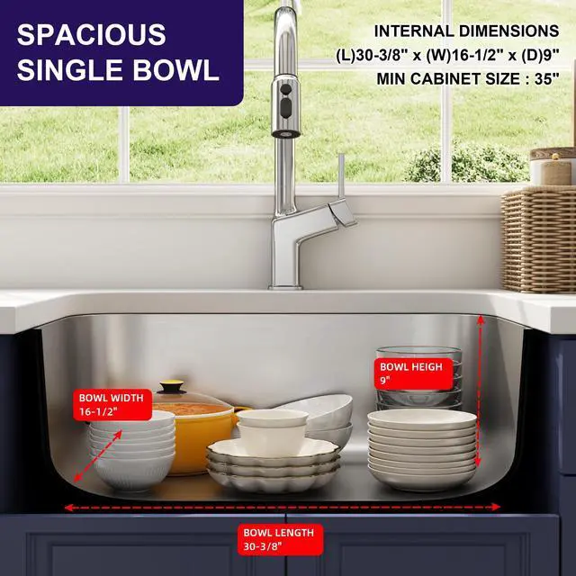 Alt view image 4 of 6 - 32 Inch Undermount Curved Spacious Single Bowl Kitchen Sink | 304 Stainless Steel, 18 Gauge Thickness, Brushed Satin Finish, Strainer & Grid Included, 32-1/4" x 18-1/2" x 9"