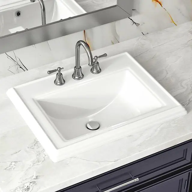 Main image of 23"W x 18"D Drop In Bathroom Sink Rectangle With 3 Holes for 8" Widespread Faucet, 23 Inch White Ceramic Vanity Top with Front Overflow, Vintage Top Mount Sink for Bathroom Countertops