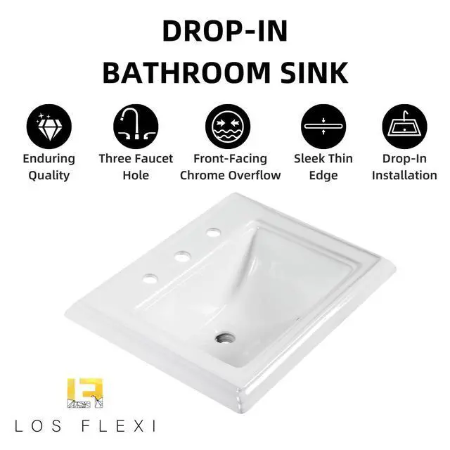 Alt view image 2 of 6 - 23"W x 18"D Drop In Bathroom Sink Rectangle With 3 Holes for 8" Widespread Faucet, 23 Inch White Ceramic Vanity Top with Front Overflow, Vintage Top Mount Sink for Bathroom Countertops