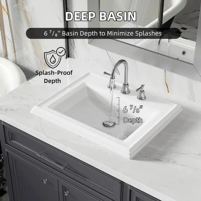 Alt view image 3 of 6 - 23"W x 18"D Drop In Bathroom Sink Rectangle With 3 Holes for 8" Widespread Faucet, 23 Inch White Ceramic Vanity Top with Front Overflow, Vintage Top Mount Sink for Bathroom Countertops