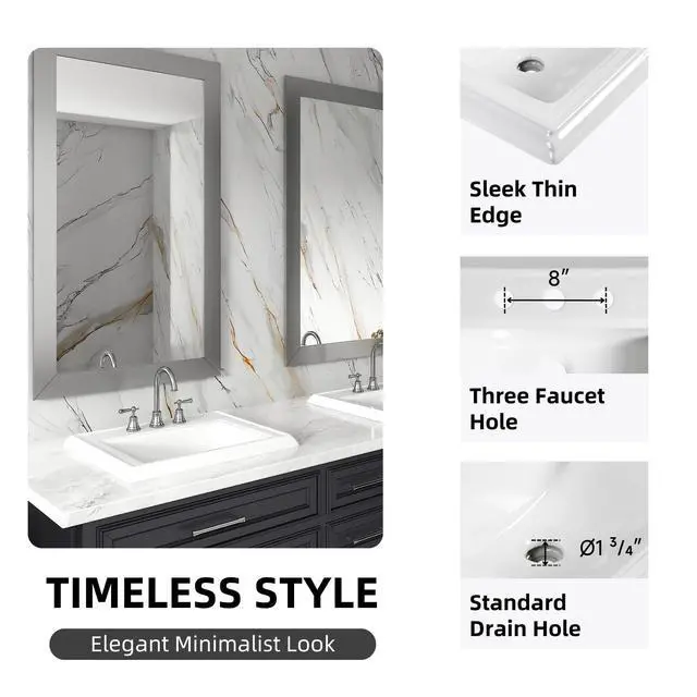 Alt view image 4 of 6 - 23"W x 18"D Drop In Bathroom Sink Rectangle With 3 Holes for 8" Widespread Faucet, 23 Inch White Ceramic Vanity Top with Front Overflow, Vintage Top Mount Sink for Bathroom Countertops