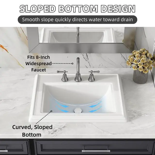 Alt view image 5 of 6 - 23"W x 18"D Drop In Bathroom Sink Rectangle With 3 Holes for 8" Widespread Faucet, 23 Inch White Ceramic Vanity Top with Front Overflow, Vintage Top Mount Sink for Bathroom Countertops