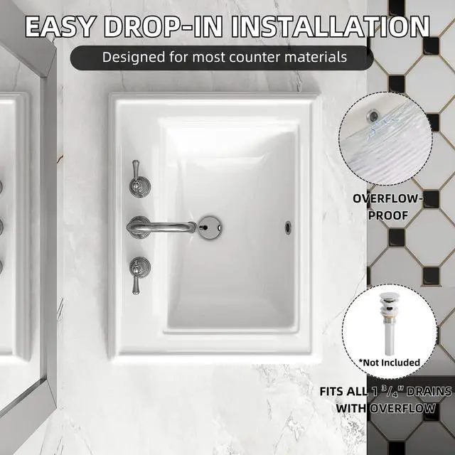 Alt view image 6 of 6 - 23"W x 18"D Drop In Bathroom Sink Rectangle With 3 Holes for 8" Widespread Faucet, 23 Inch White Ceramic Vanity Top with Front Overflow, Vintage Top Mount Sink for Bathroom Countertops