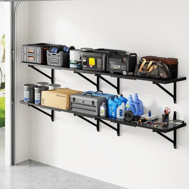 Alt view image 2 of 6 - 2-Pack 1x6ft Garage Shelving 14-inch-by-68-inch Perforated Wall Shelf, Heavy Duty Garage Storage Rack with 1400 lbs Load Capacity, Wall Mounted Organization System for Tools, Heavy Bins
