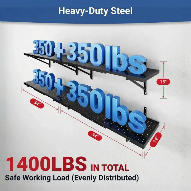 Alt view image 3 of 6 - 2-Pack 1x6ft Garage Shelving 14-inch-by-68-inch Perforated Wall Shelf, Heavy Duty Garage Storage Rack with 1400 lbs Load Capacity, Wall Mounted Organization System for Tools, Heavy Bins