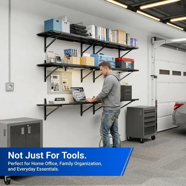 Alt view image 4 of 6 - 2-Pack 1x6ft Garage Shelving 14-inch-by-68-inch Perforated Wall Shelf, Heavy Duty Garage Storage Rack with 1400 lbs Load Capacity, Wall Mounted Organization System for Tools, Heavy Bins