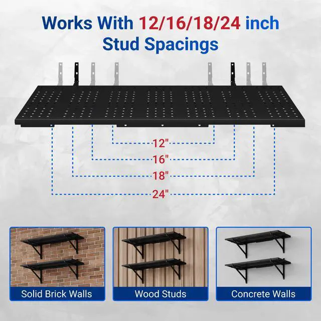 Alt view image 5 of 6 - 2-Pack 1x6ft Garage Shelving 14-inch-by-68-inch Perforated Wall Shelf, Heavy Duty Garage Storage Rack with 1400 lbs Load Capacity, Wall Mounted Organization System for Tools, Heavy Bins