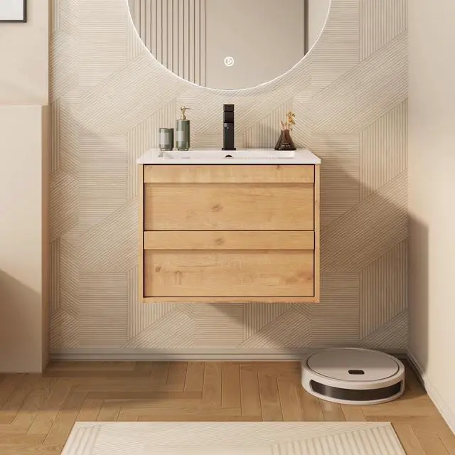 Main image of 24" Floating Bathroom Vanity Sink Combo, Wall Mounted Modern Minimalist Storage Cabinet with 2 Drawers, Include White Sink, Faucet & Drain, Natural