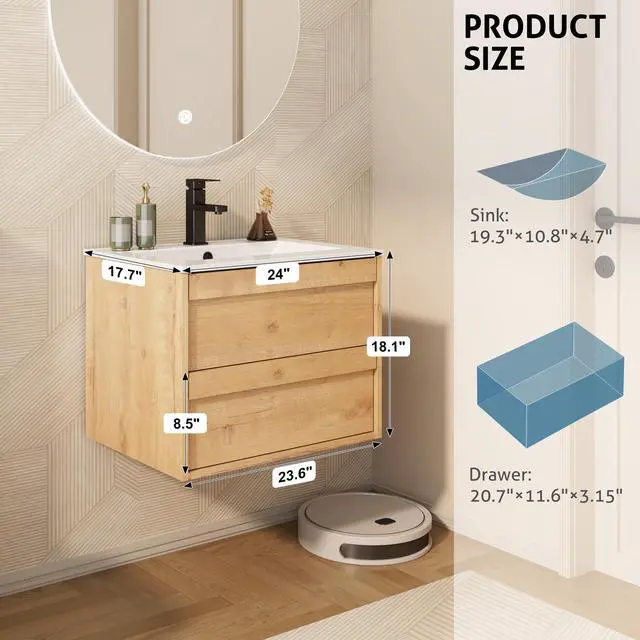 Alt view image 2 of 6 - 24" Floating Bathroom Vanity Sink Combo, Wall Mounted Modern Minimalist Storage Cabinet with 2 Drawers, Include White Sink, Faucet & Drain, Natural