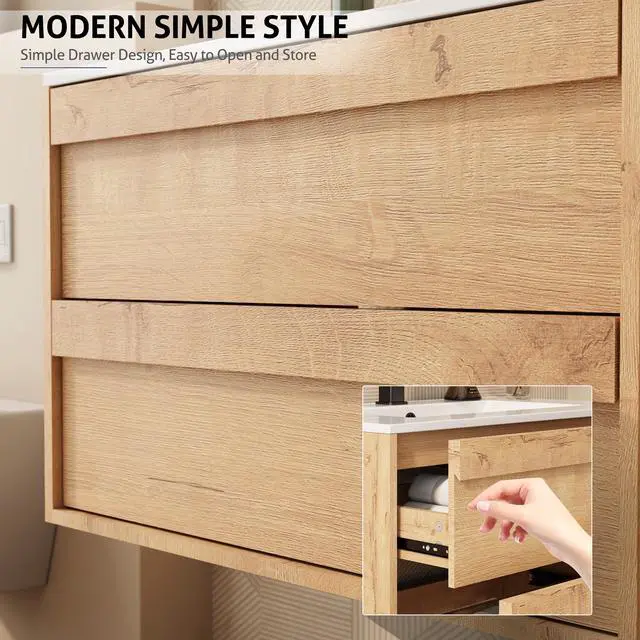 Alt view image 3 of 6 - 24" Floating Bathroom Vanity Sink Combo, Wall Mounted Modern Minimalist Storage Cabinet with 2 Drawers, Include White Sink, Faucet & Drain, Natural