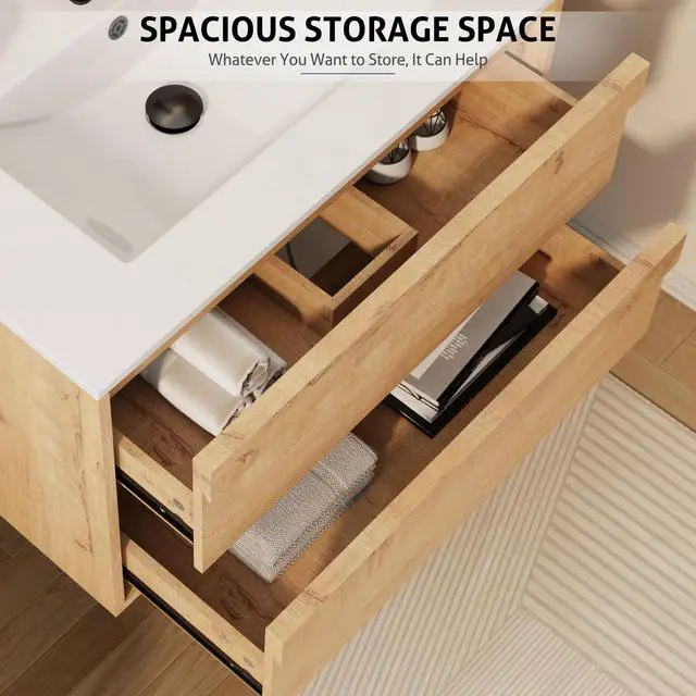 Alt view image 4 of 6 - 24" Floating Bathroom Vanity Sink Combo, Wall Mounted Modern Minimalist Storage Cabinet with 2 Drawers, Include White Sink, Faucet & Drain, Natural